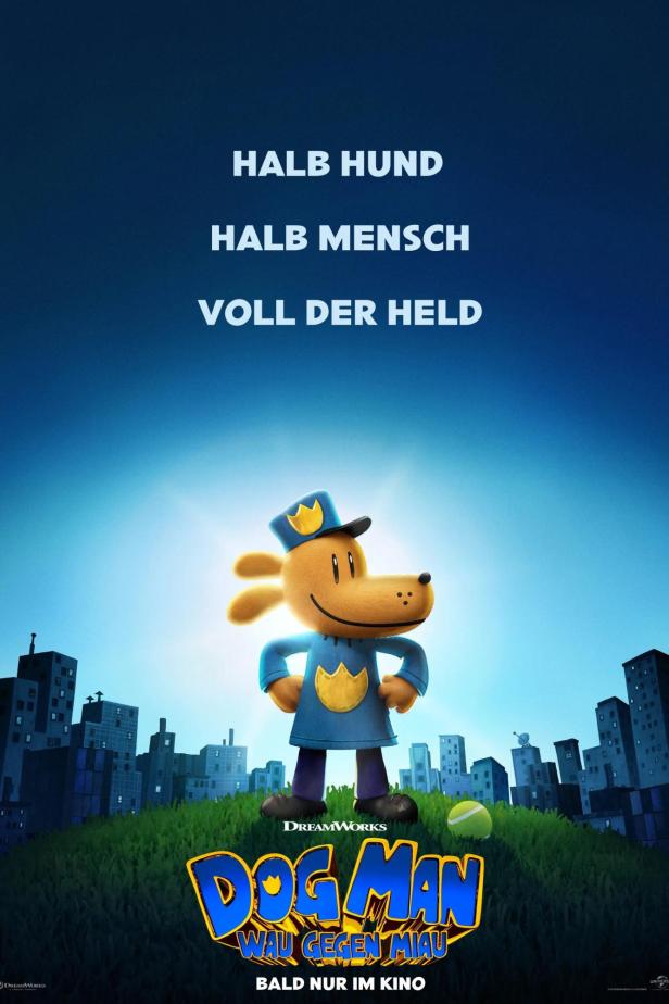Das Filmplakat für „Dog Man: Wau gegen Miau“ zeigt den gleichnamigen Hunde-Mensch-Helden vor einer Stadtkulisse.