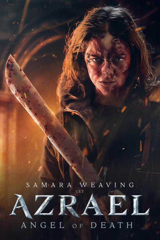 Das Filmplakat für „Azrael“ zeigt Samara Weaving mit blutverschmiertem Gesicht und einer Machete.