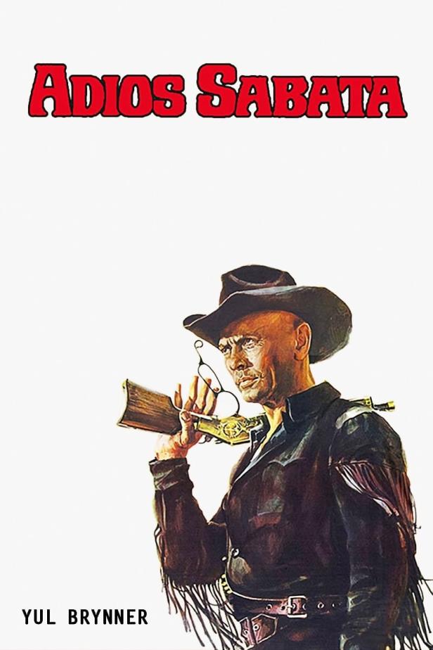 Das Filmplakat für „Adios Sabata“ zeigt Yul Brynner mit Gewehr und Cowboyhut.