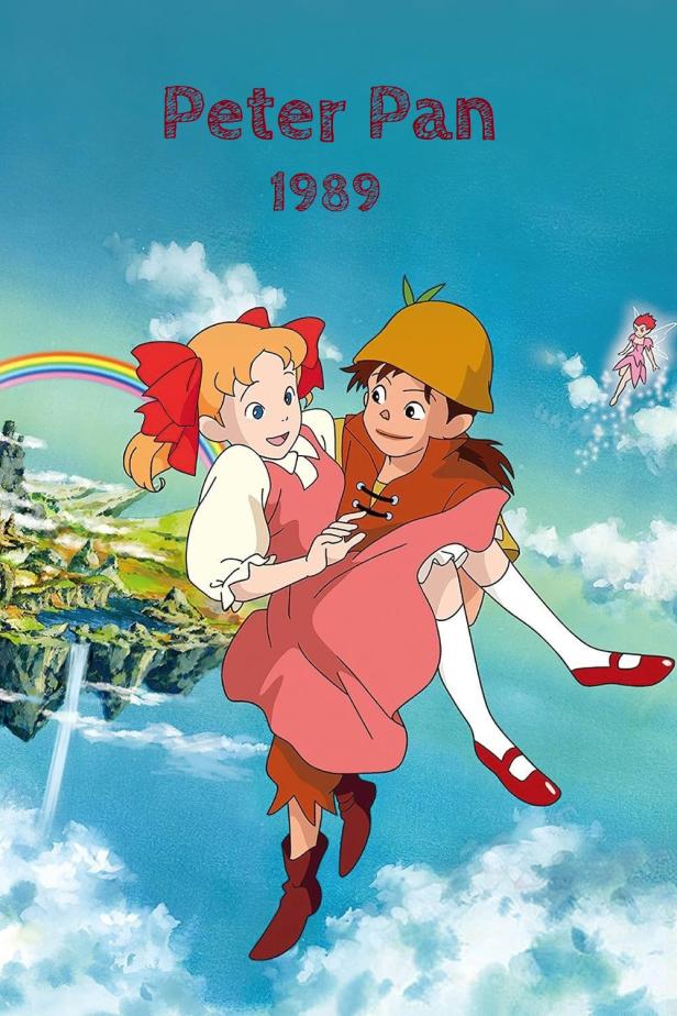 Ein animiertes Bild von Peter Pan, der Wendy in einer Szene aus dem Film von 1989 trägt.