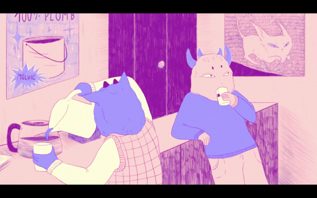 Zwei cartoonartige Figuren mit Hörnern trinken Kaffee in einem Raum mit einem Poster und einem Bild.