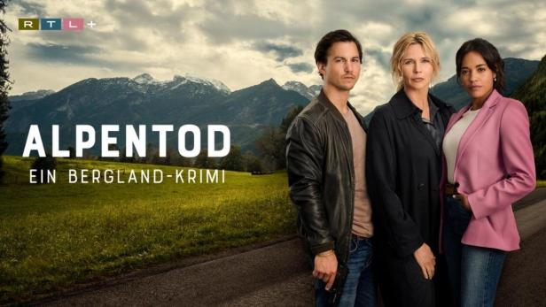 Das Filmplakat zu „Alpentod – Ein Bergland-Krimi“ zeigt drei Schauspieler vor einer Bergkulisse.