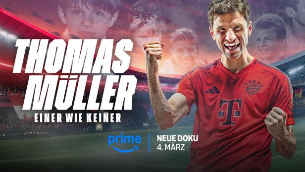 Werbeplakat für die Dokumentation „Thomas Müller – Einer wie keiner“ auf Prime Video.