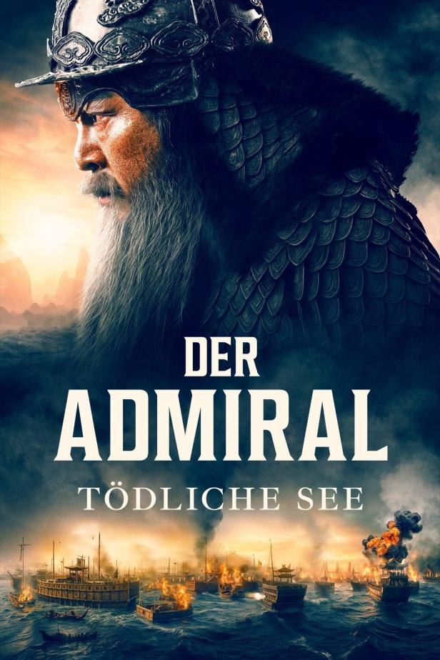 Das Filmplakat für „Der Admiral: Tödliche See“ zeigt einen Admiral vor einer Seeschlacht.