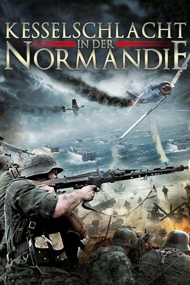 Das Filmplakat für „Kesselschlacht in der Normandie“ zeigt Soldaten und Flugzeuge im Kampf.