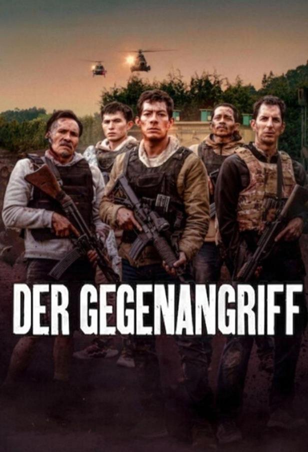 Das Filmplakat für „Der Gegenangriff“ zeigt eine Gruppe bewaffneter Soldaten und Hubschrauber.