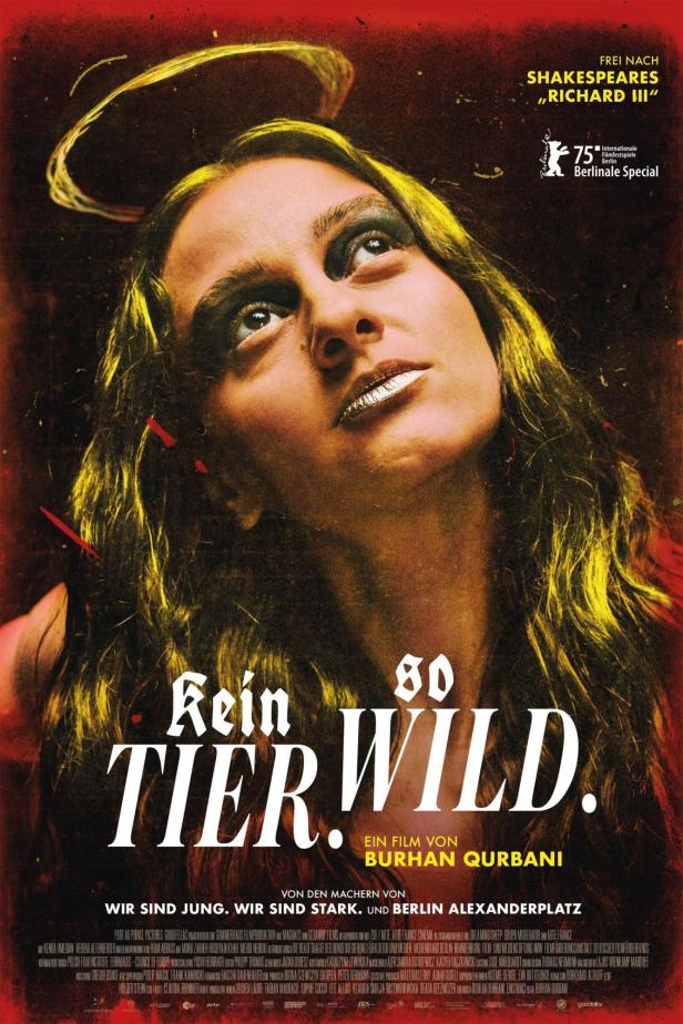 Das Filmplakat für „Kein Tier so wild“ zeigt eine Frau mit Heiligenschein und silbernen Lippen.