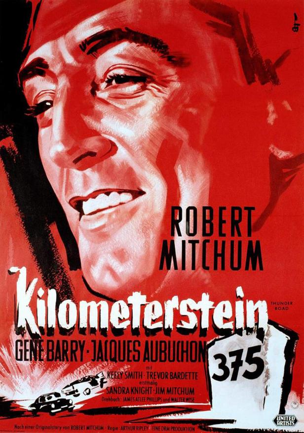 Filmplakat für „Kilometerstein“ mit Robert Mitchum in Großaufnahme.