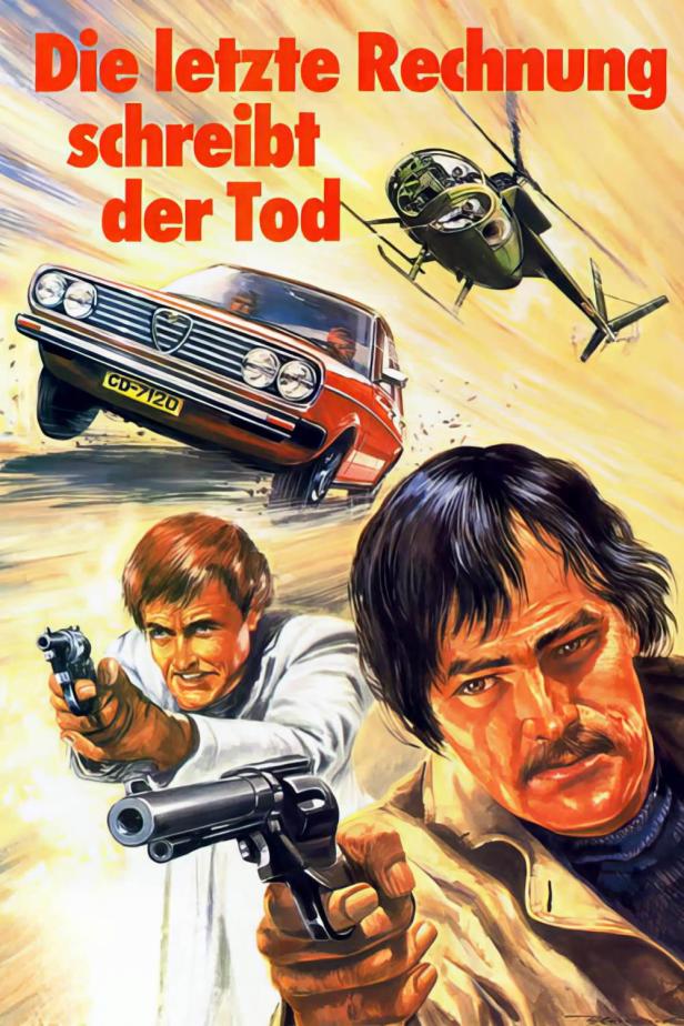 Das Filmplakat zeigt eine Verfolgungsjagd mit Auto, Hubschrauber und zwei Männern mit Pistolen.