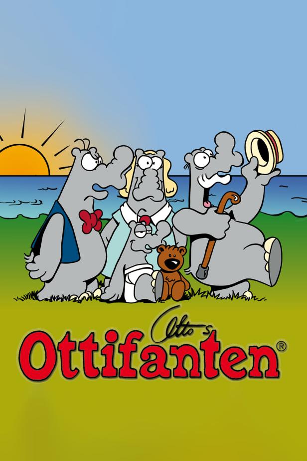 Eine Gruppe Ottifanten, inklusive Baby mit Teddybär, vor einer Küstenlandschaft.