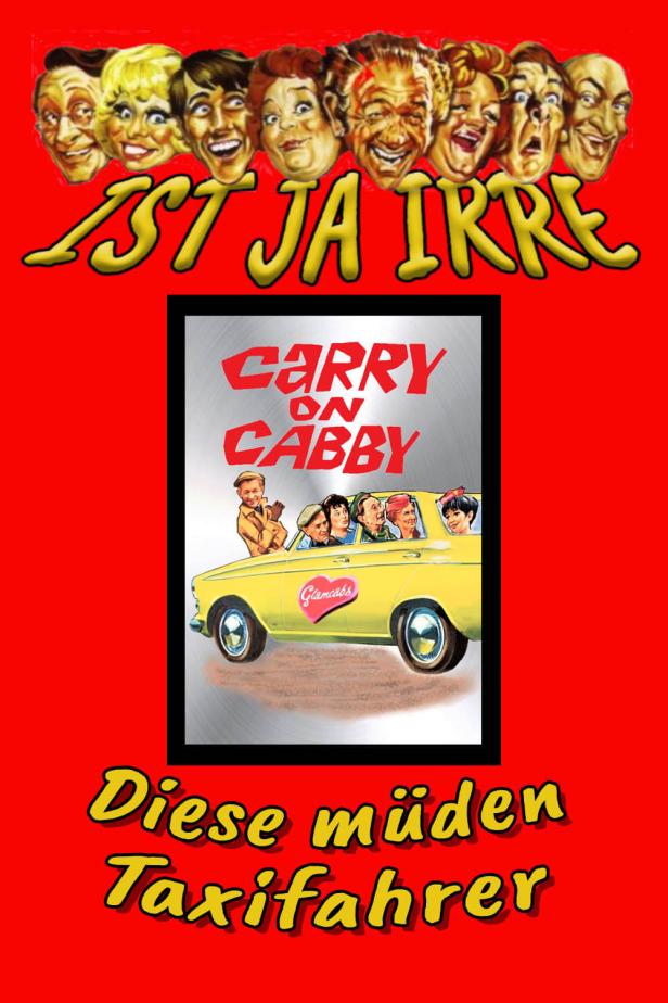 Das Filmplakat für „Carry On Cabby“ zeigt eine Gruppe von Leuten in einem gelben Taxi.
