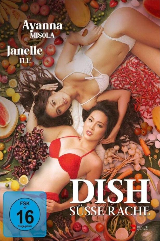 Das Cover des Films „Dish: Süße Rache“ zeigt zwei Frauen in Badebekleidung, umgeben von Lebensmitteln.