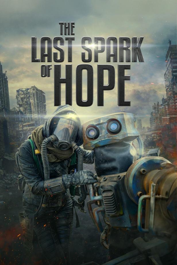 Ein Mensch mit Gasmaske steht neben einem Roboter vor einer zerstörten Stadt.