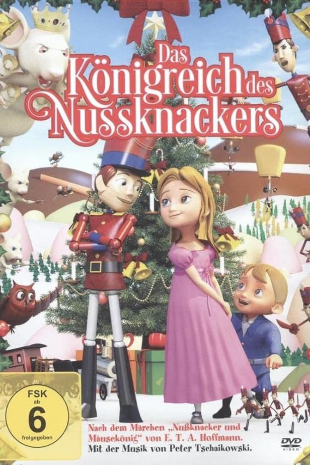 Das Cover des Films „Das Königreich des Nussknackers“ zeigt animierte Figuren vor einem Weihnachtsbaum.