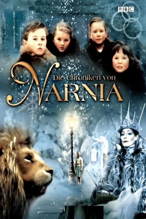 Das Filmplakat für „Die Chroniken von Narnia“ zeigt die Pevensie-Geschwister, Aslan und die weiße Hexe.