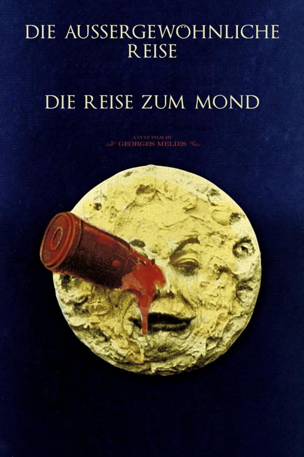 Das Filmplakat für „Die Reise zum Mond“ zeigt eine Kanone, die in das Auge des Mondes schießt.