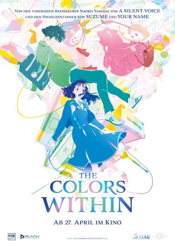 Das Poster für den Anime-Film „The Colors Within“ zeigt drei schwebende Charaktere.