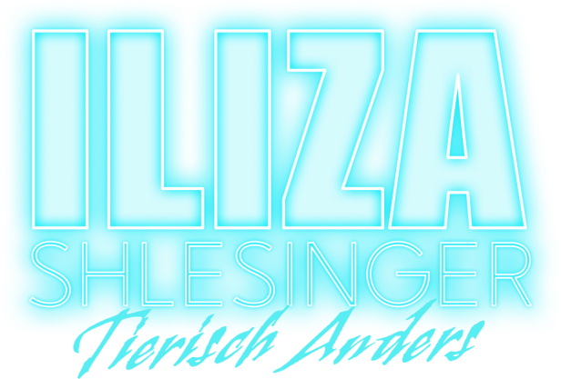 Das stilisierte Logo für Iliza Shlesinger auf hellblauem Hintergrund.