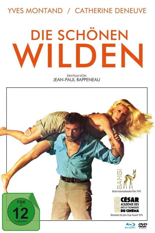 Das Filmplakat für „Die Schönen Wilden“ mit Yves Montand, der Catherine Deneuve auf seinen Schultern trägt.