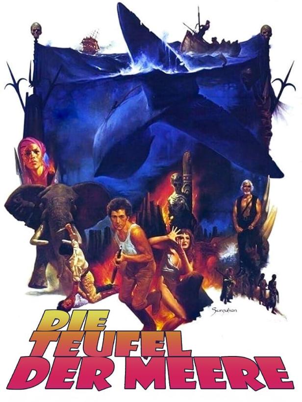 Das Filmplakat für „Die Teufel der Meere“ zeigt eine Gruppe von Menschen, einen Elefanten und einen riesigen Wal.