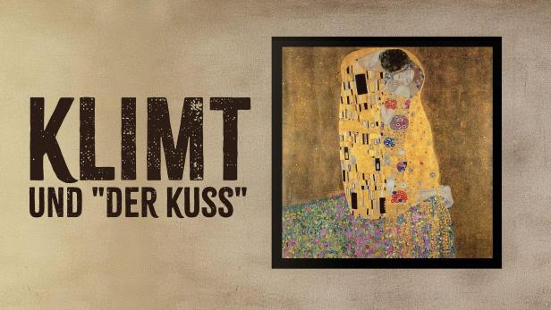 Das Gemälde „Der Kuss“ von Gustav Klimt in einem schwarzen Rahmen.