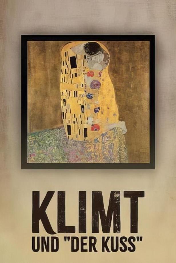Ein gerahmtes Poster von Gustav Klimts „Der Kuss“ hängt an einer Wand.