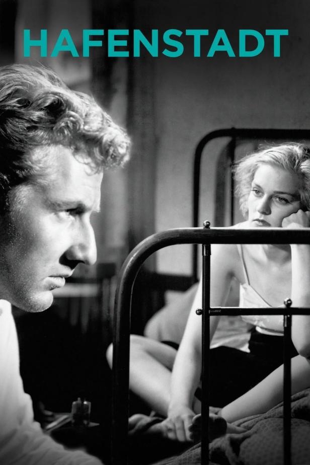 Ein Schwarzweiß-Filmposter für „Hafenstadt“ mit einem Mann und einer Frau.