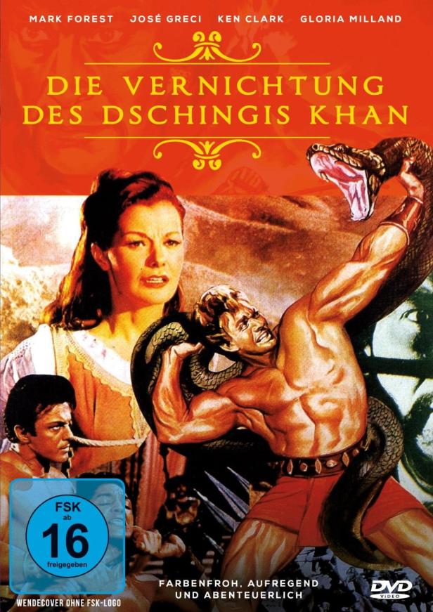 Das Filmplakat für „Die Vernichtung des Dschingis Khan“ zeigt einen Mann, der mit einer Schlange kämpft.