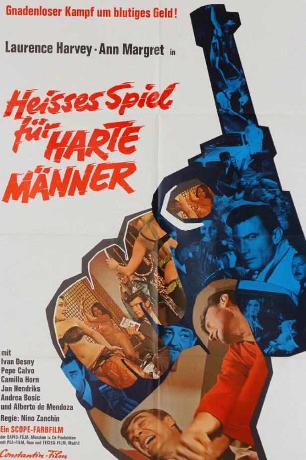 Das Filmplakat für „Heisses Spiel für harte Männer“ zeigt eine Collage in Form einer Pistole.