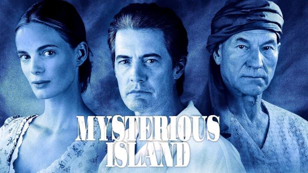 Das Filmplakat für „Mysterious Island“ zeigt Kyle MacLachlan, Gina Bellman und Patrick Stewart.