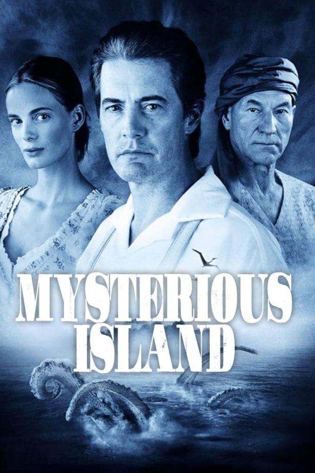 Das Filmplakat für „Mysterious Island“ zeigt Kyle MacLachlan, Danielle Graham und Patrick Stewart.