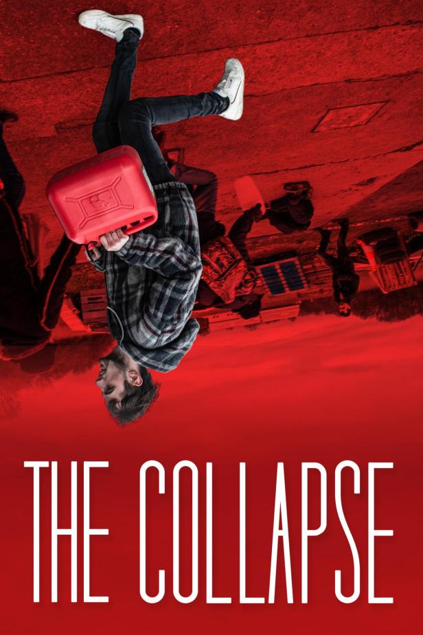 Ein Mann trägt einen roten Benzinkanister auf dem Cover von „The Collapse“.