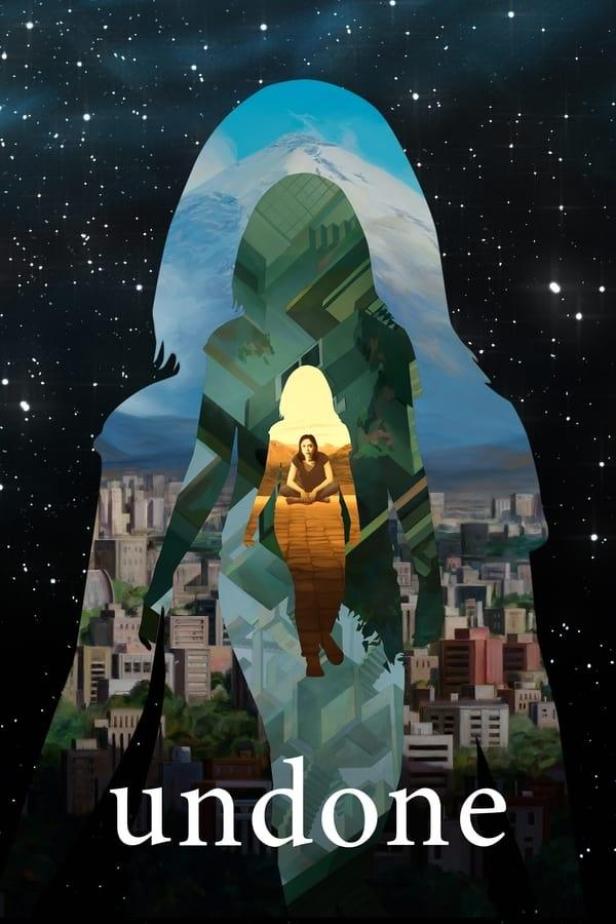 Das Cover der Serie „Undone“ zeigt eine Frau vor dem Hintergrund von Stadt, Bergen und Weltraum.