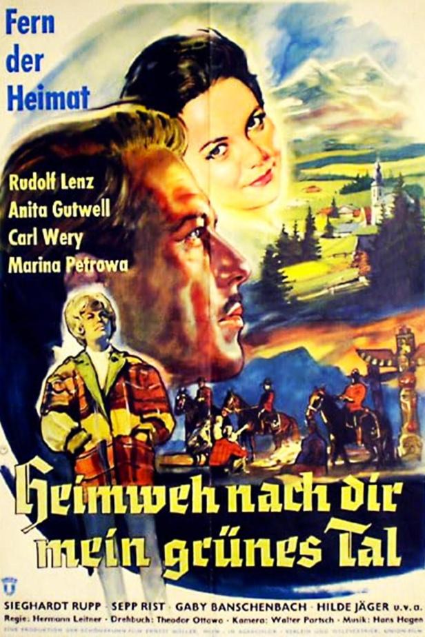 Das Filmplakat für „Heimweh nach dir, mein grünes Tal“ zeigt Rudolf Lenz, Anita Gutwell und andere vor einer Alpenlandschaft.