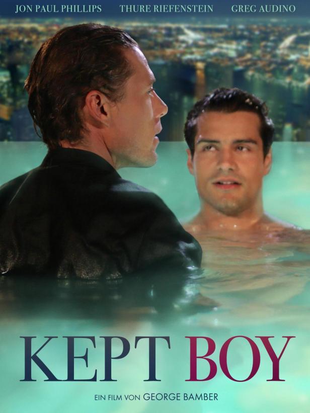 Das Filmplakat für „Kept Boy“ zeigt zwei Männer im Wasser.