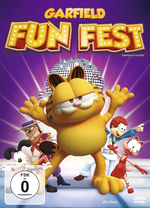 Das DVD-Cover von „Garfield Fun Fest“ zeigt Garfield und seine Freunde vor einer Discokugel.