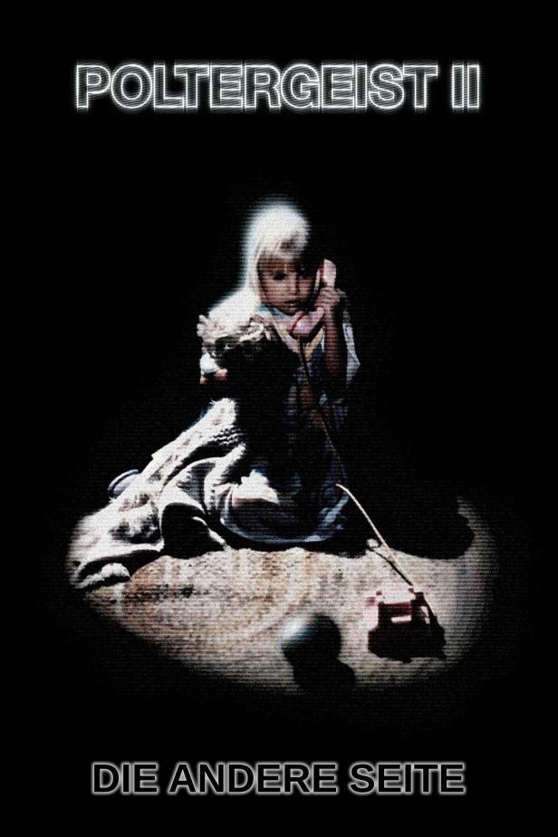 Ein Mädchen telefoniert im Dunkeln; Filmposter für „Poltergeist II – Die andere Seite“.
