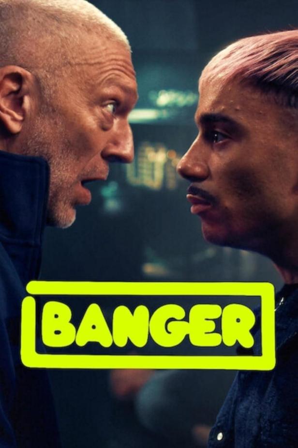 Das Filmplakat für „Banger“ zeigt zwei Männer im Profil, die sich gegenüberstehen.