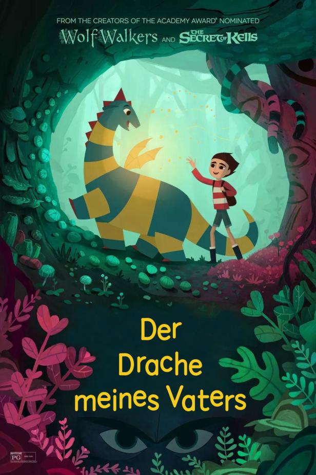 Ein Junge nähert sich einem gelb gestreiften Drachen im animierten Film „Der Drache meines Vaters“.