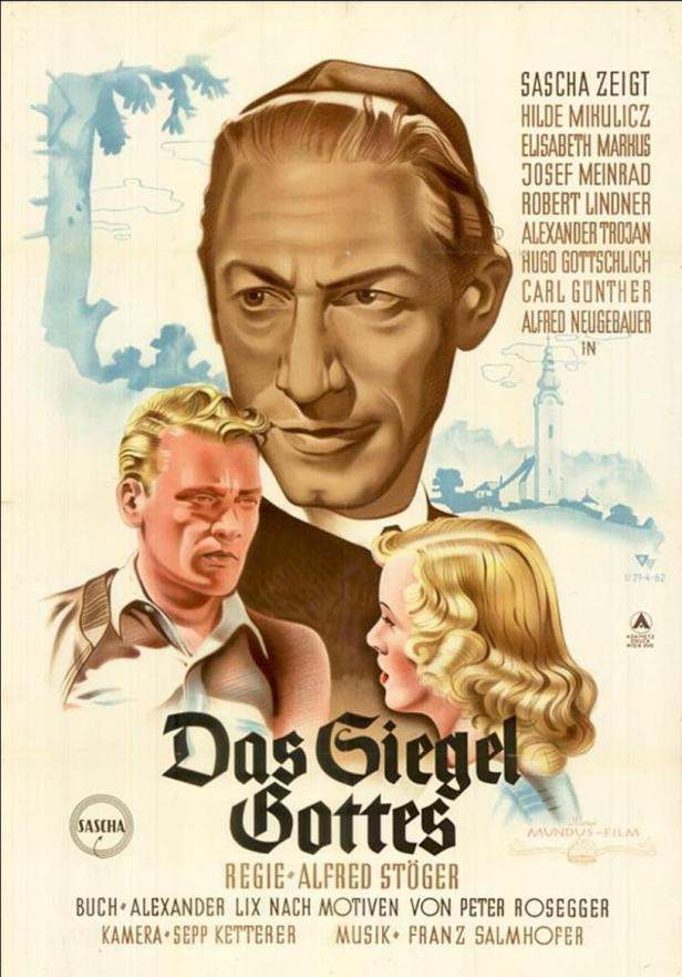 Plakat für den Film „Das Siegel Gottes“ mit den Schauspielern Hilde Mikulicz, Josef Meinrad und Alexander Trojan.