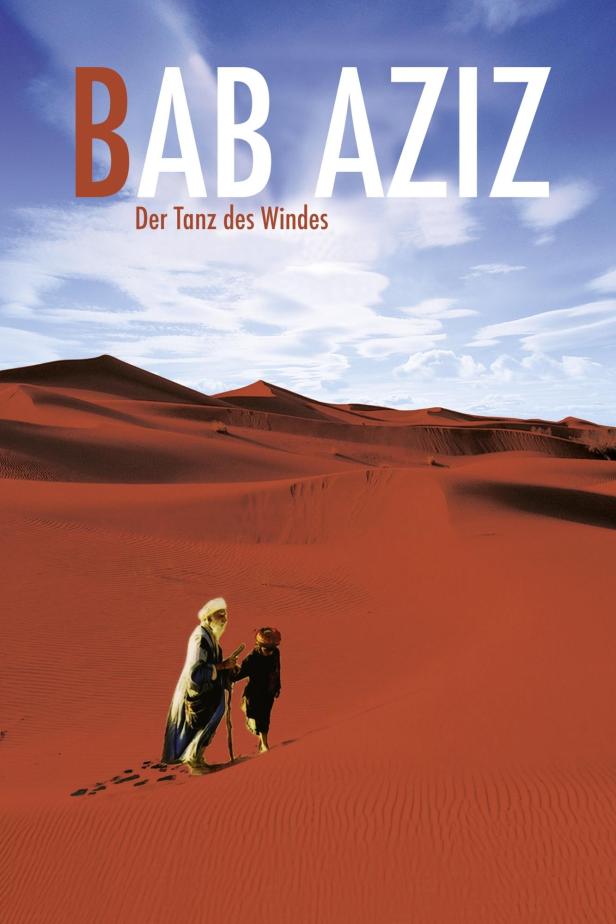 Ein Mann und ein Kind wandern durch eine rote Sandwüste, Titelbild des Films „Bab Aziz – Der Tanz des Windes“.