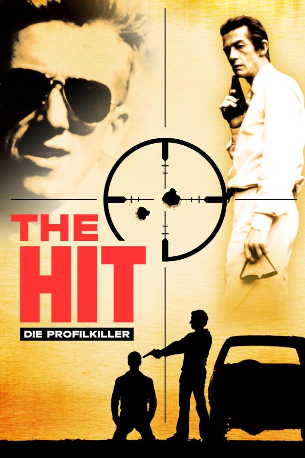Das Filmplakat für „The Hit – Die Profikiller“ zeigt zwei Männer und ein Fadenkreuz.