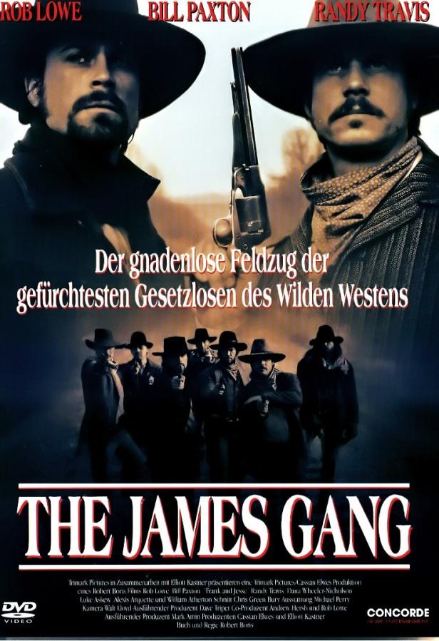 Das Filmplakat für „The James Gang“ zeigt Rob Lowe, Bill Paxton und Randy Travis als Gesetzlose im Wilden Westen.