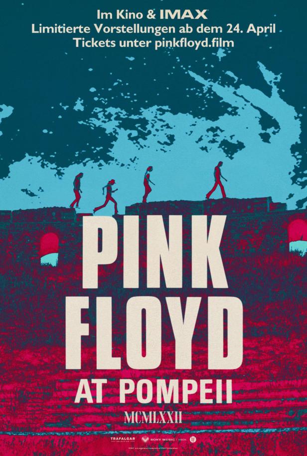 Das Filmplakat für „Pink Floyd: At Pompeii“ zeigt die Band auf einer alten Mauer.