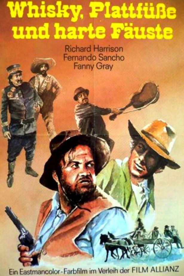 Das Filmplakat für „Whisky, Plattfüße und harte Fäuste“ zeigt mehrere bewaffnete Männer und eine Postkutsche.