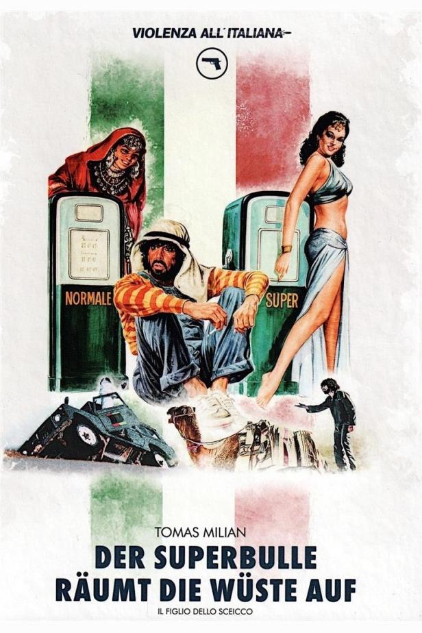 Das Filmplakat für „Der Superbulle räumt die Wüste auf“ zeigt Tomas Milian als Scheich vor italienischen Farben.