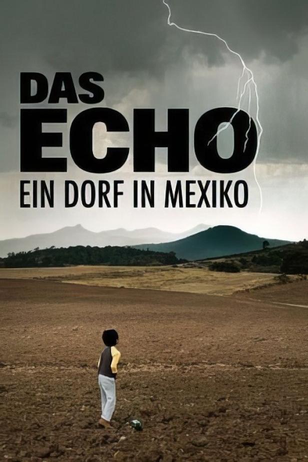 Ein Junge steht auf einem Feld in Mexiko unter einem Gewitterhimmel, im Hintergrund der Titel „Das Echo“.