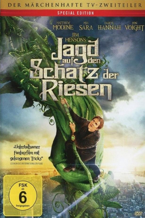 Das Cover des Films „Jagd auf den Schatz der Riesen“ zeigt einen Mann, der eine riesige Bohnenranke hochklettert.