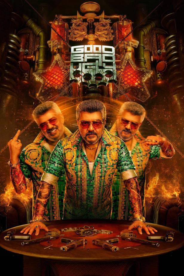 Ein Filmplakat mit drei Abbildungen eines Mannes vor einem Steampunk-Hintergrund und Waffen auf einem Tisch.