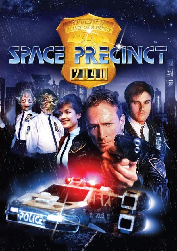 Das Filmplakat für „Space Precinct 2040“ zeigt Polizisten, darunter Aliens, und ein futuristisches Polizeiauto.